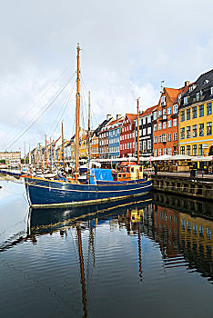停泊,帆船,彩色,17世纪,连栋房屋,新港,运河,哥本哈根,丹麦