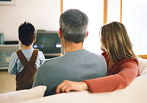 家庭,坐,一起,看电视