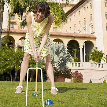 女人,玩,槌球,酒店,草地,比尔提默酒店,珊瑚顶市,佛罗里达,美国