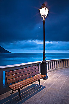 长椅,灯,柱子,栏杆,海岸,卡莫利,利古里亚,意大利