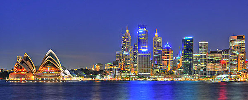 全景,悉尼,小湾,悉尼歌剧院,环形码头,港口,天际线,中央商务区,夜晚,新南威尔士,澳大利亚
