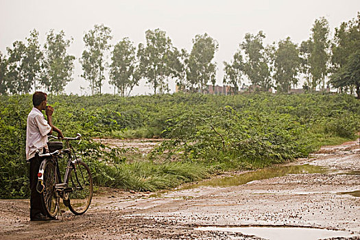 站立,男人,泥,道路,自行车,德里,印度