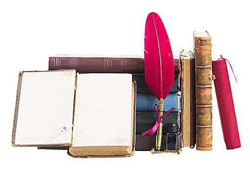 堆,老,书本,红色,羽毛,笔,隔绝,白色背景,背景