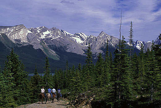 加拿大,艾伯塔省,落基山脉,碧玉国家公园,玛琳湖,区域,骑手
