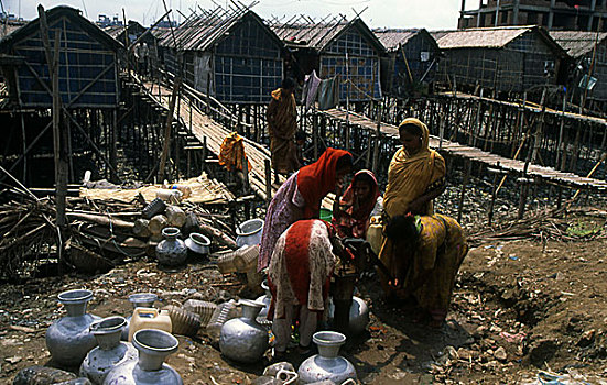 人,尝试,收集,水,达卡,饮用水,危机,城市,住所,贫民窟,孟加拉