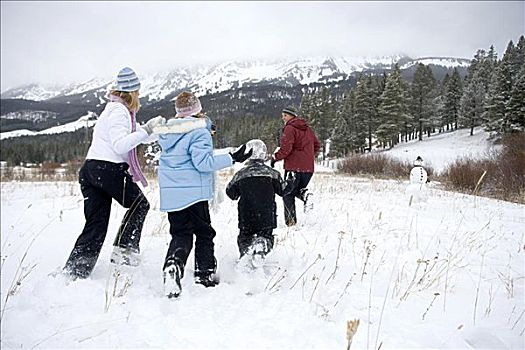 成年,女人,儿子,女儿,投掷,雪球,成熟,男人