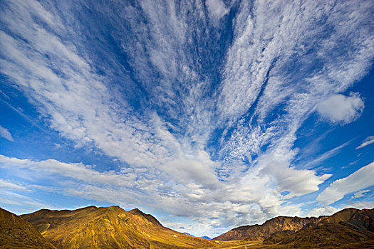 卷云,积云,高处,阿拉斯加山脉,秋天,苔原,德纳里峰国家公园,阿拉斯加