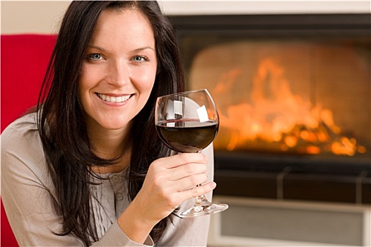 冬天,家,壁炉,女人,玻璃,红酒