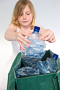 女孩,再循环,塑料制品,水瓶