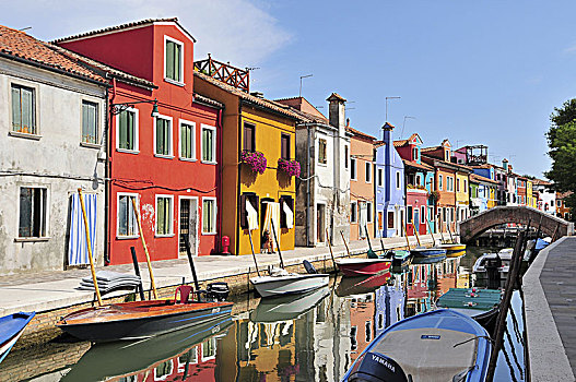 威尼斯,布拉诺岛,运河,小,彩色,房子,船,晴朗,夏天