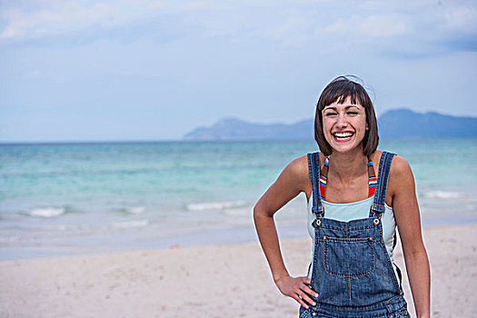 女人,笑,海滩,马略卡岛,西班牙