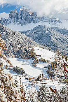 冬天,雪,乡村,白云岩,山,特兰提诺阿尔托阿迪杰,南蒂罗尔,意大利