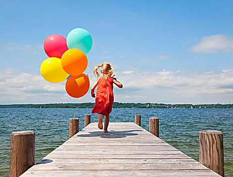 女孩,拿着,气球,木质,码头