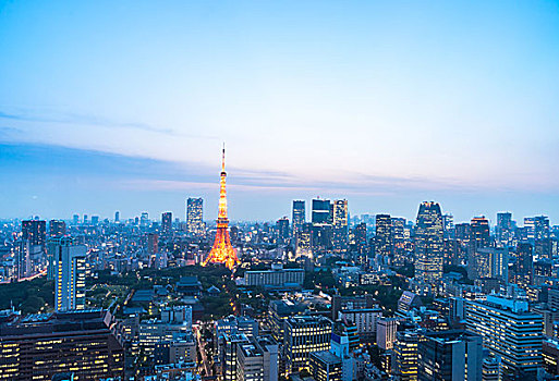 城市,天际线,靠近,东京塔,黎明