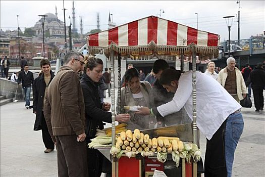 餐食,销售,蒸制,老玉米,加拉达塔,桥,伊斯坦布尔,土耳其