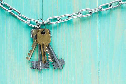 钥匙,悬挂,蓝色背景,木质背景