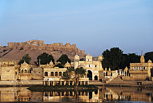 印度,拉贾斯坦邦,斋沙默尔,堡垒,纪念建筑,湖,背景,大幅,尺寸