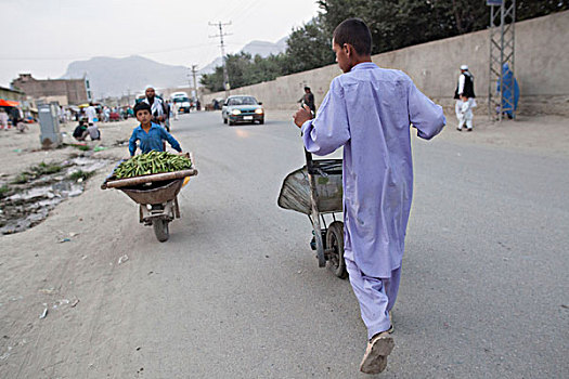 阿富汗,喀布尔,推,手推车,街道
