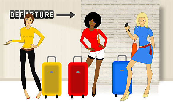 三个,旅行,女孩,手提箱,机场