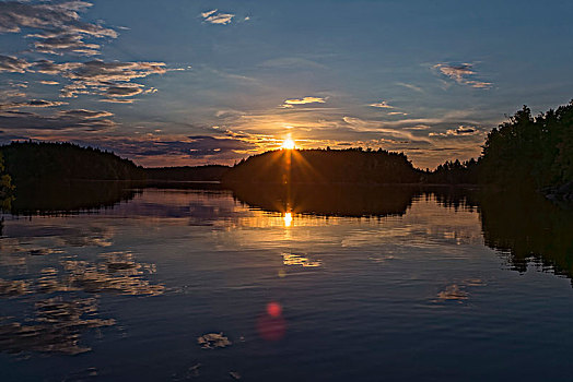 日落,反射,湖,芬兰,欧洲
