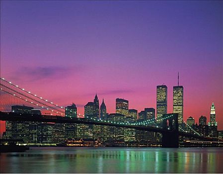 天际线,日落,塔楼,光亮,布鲁克林大桥,曼哈顿,纽约,美国,北美