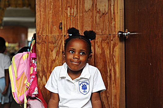 dominica,roseau,preschool,ccf,portrait,of,schoolchildren,outside,the,door,classroom