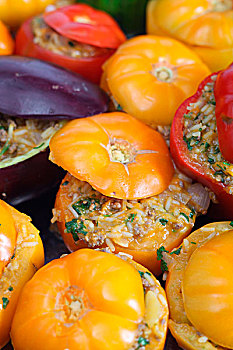 传统,希腊风格,蔬菜夹馅,黄色,茄子,米饭,肉,西芹,洋葱,填充