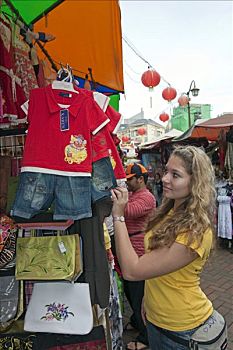 游客,兴趣,连衣裙,唐人街,彩色,市场,旅游胜地,庙街,新加坡,东南亚