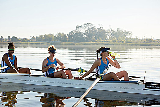 女性,划船,团队,休息,饮用水,短桨,晴朗,湖