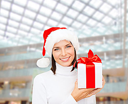 圣诞节,冬天,高兴,休假,人,概念,微笑,女人,圣诞老人,帽子,礼盒,上方,购物中心,背景