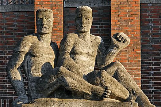 两个,石头,男人,雕塑,音乐厅,北莱茵威斯特伐利亚,德国