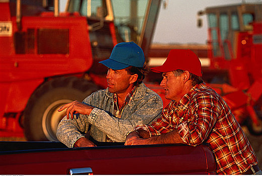 两个,农民,靠着,背影,卡车,日落,曼尼托巴,加拿大