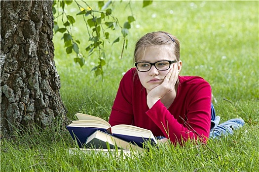 女孩,读,书本,公园,春天,白天