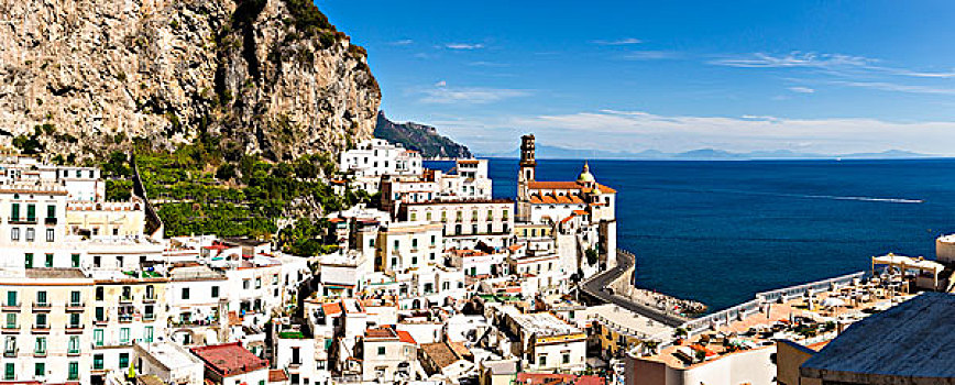 景色,俯视,城镇,圣玛丽亚教堂,阿马尔菲海岸,意大利