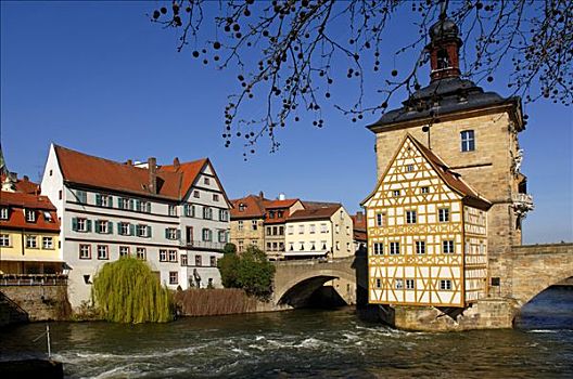 老市政厅,桥,上方,河,班贝格,上弗兰科尼亚,巴伐利亚,德国,欧洲