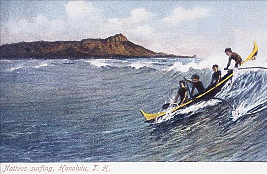 20年代,明信片,夏威夷,瓦胡岛,怀基基海滩,土著,冲浪,舷外支架,独木舟
