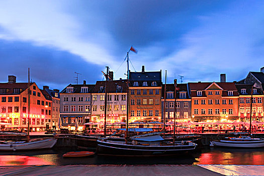 夜景,光亮,港口,运河,娱乐区,新港,哥本哈根,丹麦,欧洲