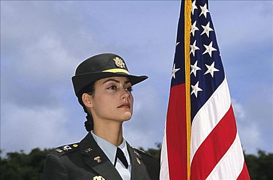 夏威夷,女人,军队,制服,站立,靠近,旗帜
