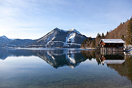 瓦尔幸湖,湖,山,冬天,看,上巴伐利亚,巴伐利亚,德国,欧洲