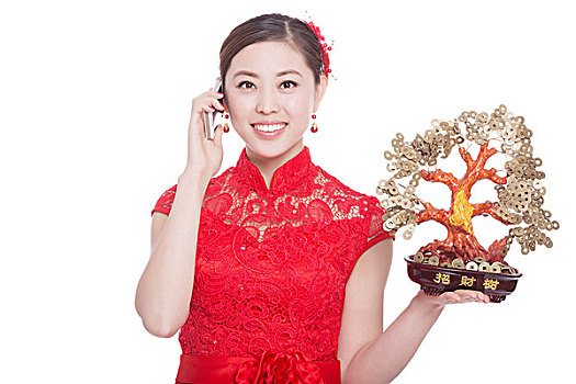 年轻,亚洲女性,红色,旗袍,手机,幸运,树,春节