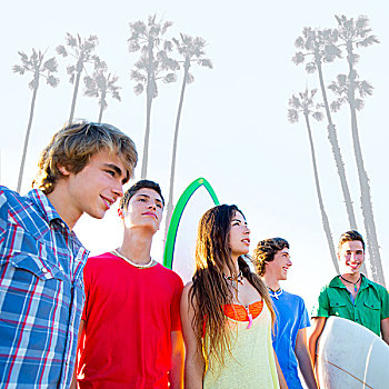 青少年,冲浪,男孩,女孩,群体,高兴,海岸,亮色调
