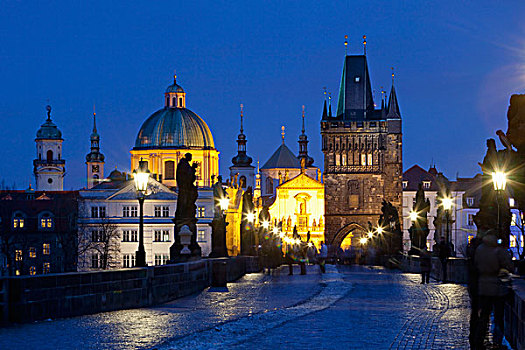 捷克,共和国,布拉格,桥,尖顶,老,城镇,黃昏