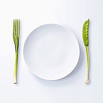 空,盘子,刀,叉子,室外,绿色食品