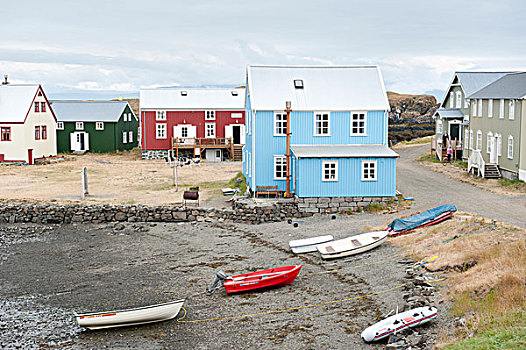彩色,小,房子,湾,船,弗雷提岛,冰岛,斯堪的纳维亚,北欧,欧洲