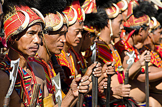 勇士,部落,等待,表演,仪式,跳舞,犀鸟,节日,印度,亚洲