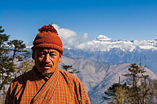 男人,正面,山景,不丹