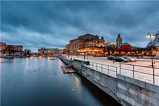 光亮,斯德哥尔摩,皇家,歌剧院,晚上,瑞典