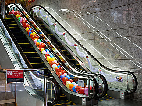 色彩,气球,展示,两个,扶梯,上面,仰视,香港