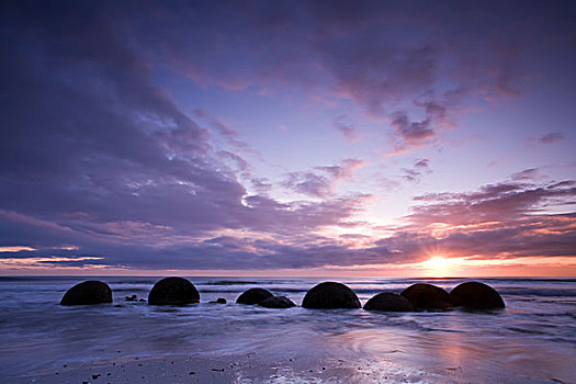 圆,漂石,海浪,日出,海滩,南岛,新西兰