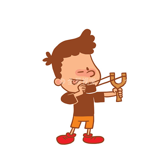 可爱,小男孩,弹弓,彩色照片,矢量,卡通,图像,橙色,短裤,t恤,白色背景